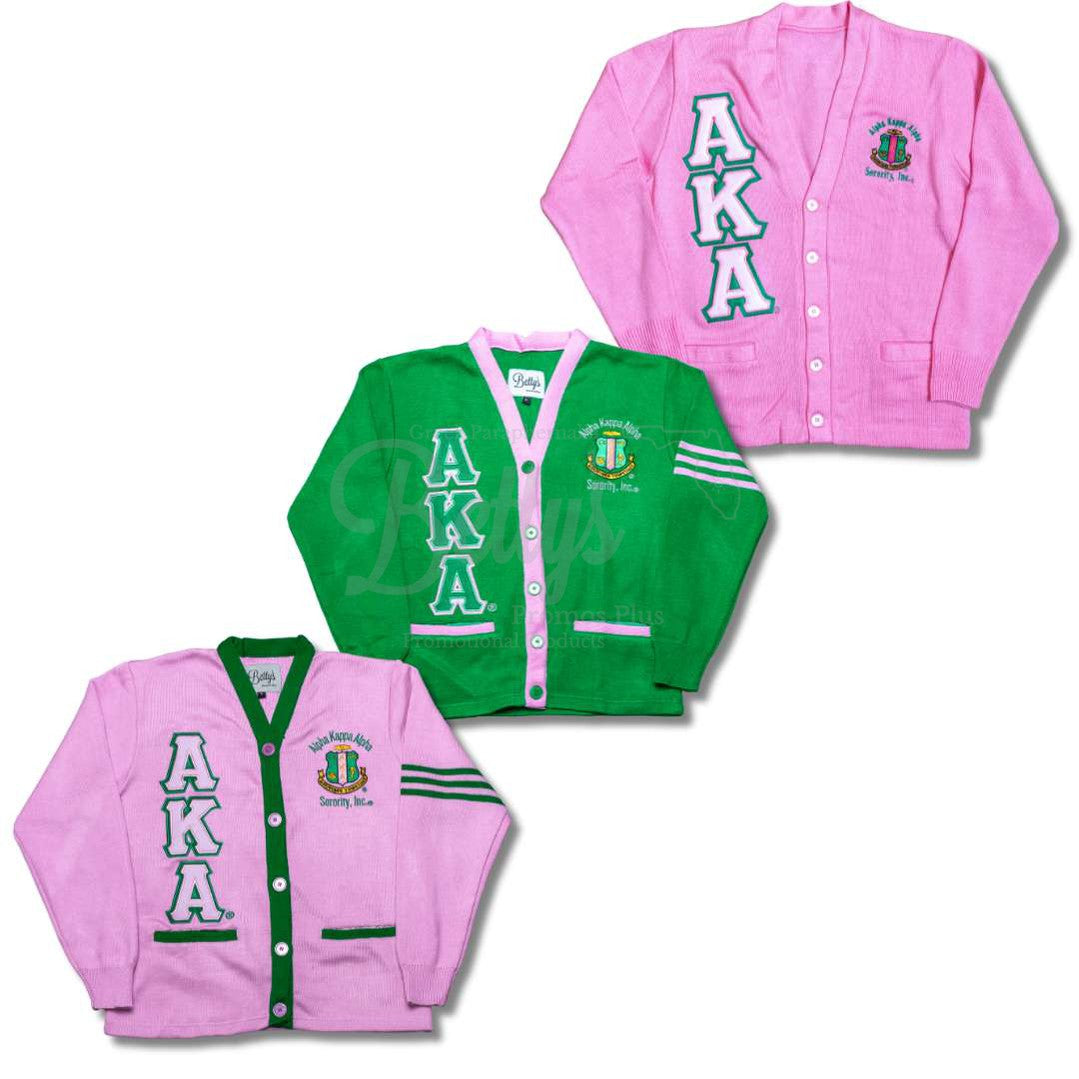 Alpha Kappa Alpha AKA Cardigan Sweater with Twill Embroidered Letters & AKA Shield-Betty's Promos Plus Greek Paraphernalia