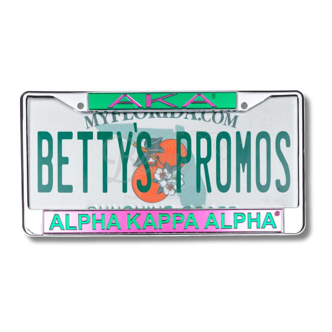 Alpha Kappa Alpha AKA Chrome Laser Engraved Mirrored Acrylic Auto Tag License Plate FramePink Bottom-Betty's Promos Plus Greek Paraphernalia