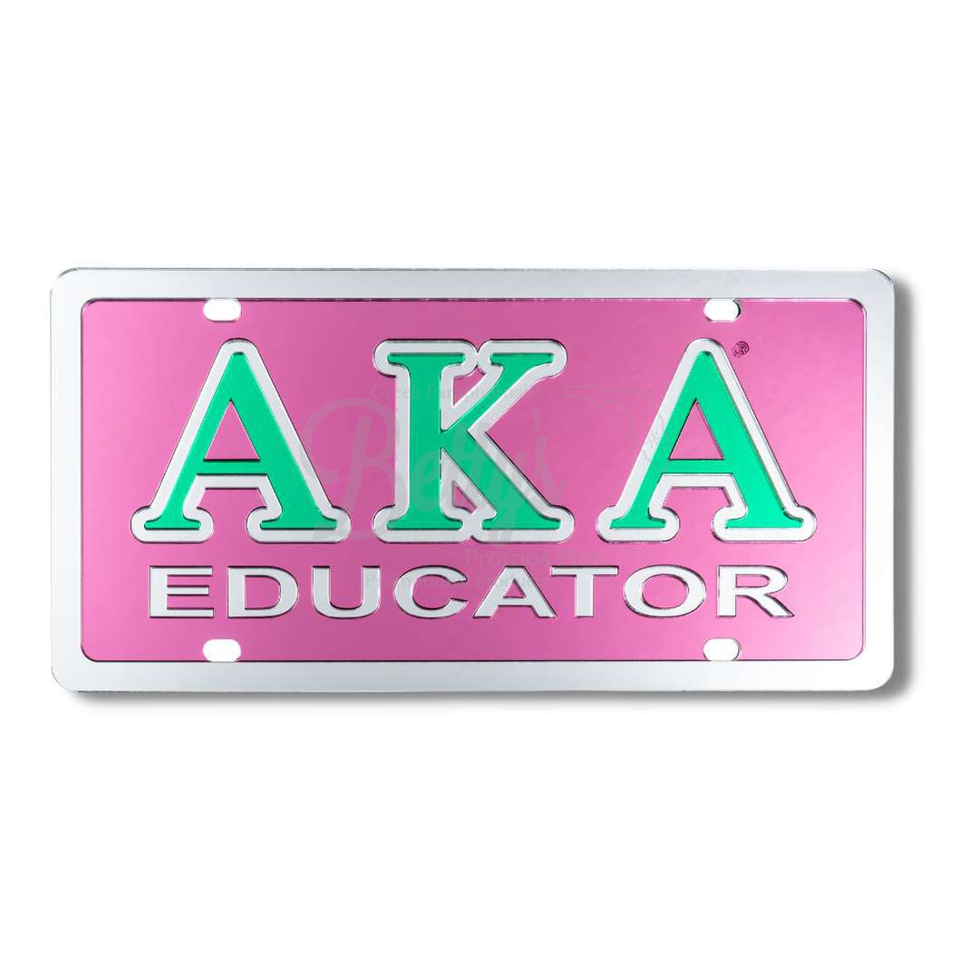 Alpha Kappa Alpha AKA Educator Acrylic Mirrored Laser Engraved Auto TagPink Background-Silver Trim-Betty's Promos Plus Greek Paraphernalia