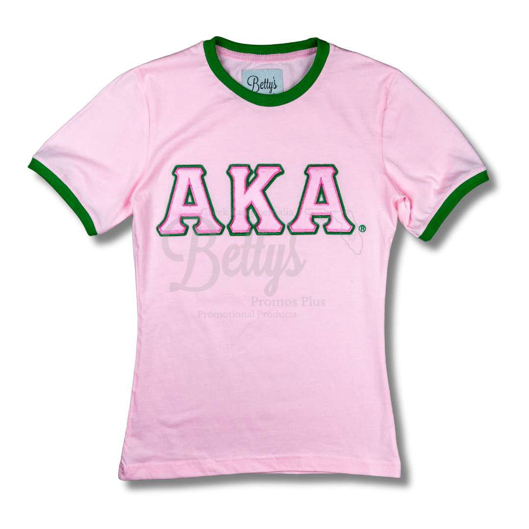 Alpha Kappa Alpha AKA Embroidered Ringer T-ShirtPink-Small-Betty's Promos Plus Greek Paraphernalia