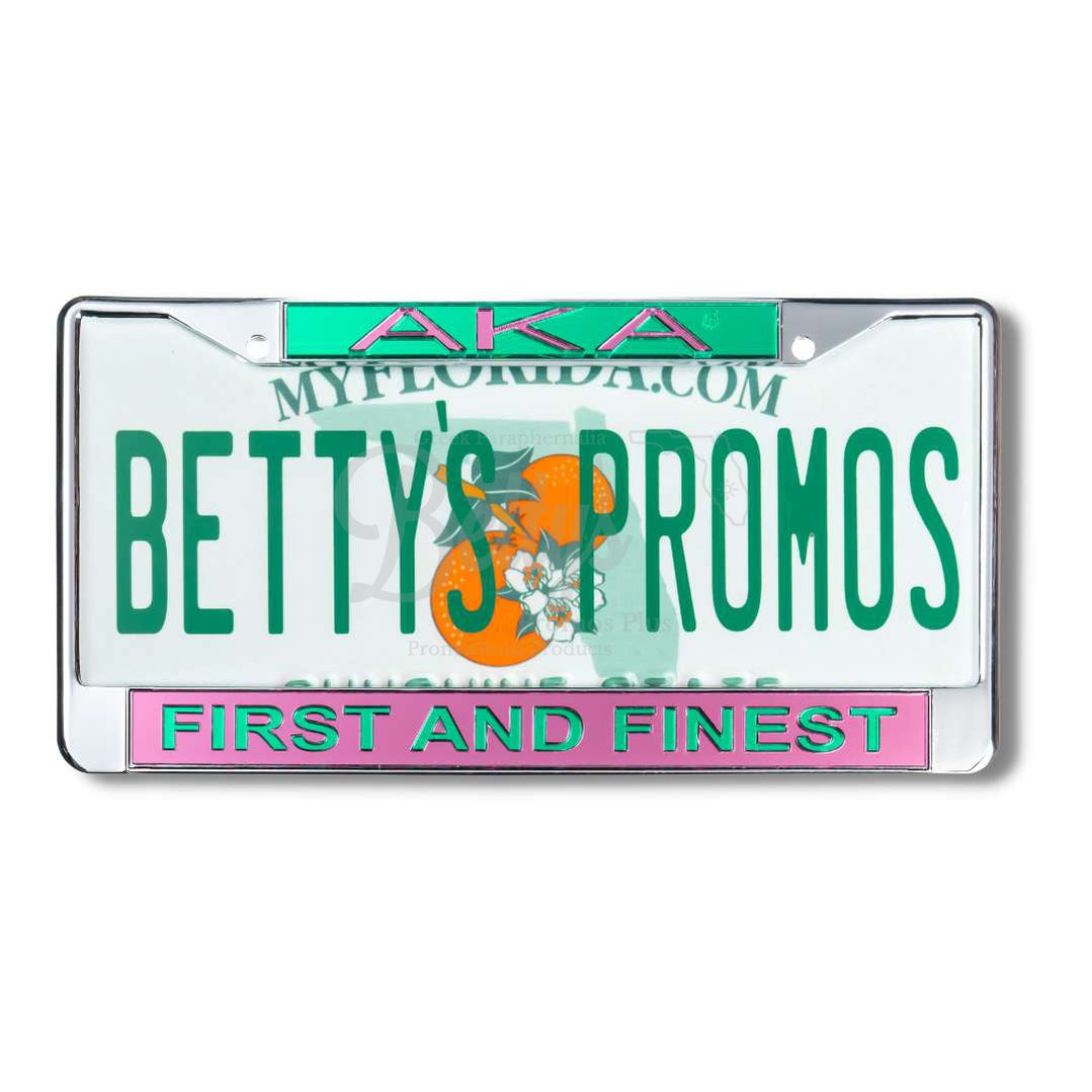 Alpha Kappa Alpha AKA First and Finest Chrome Laser Engraved Mirrored Acrylic Auto Tag License Plate FramePink Bottom-Betty's Promos Plus Greek Paraphernalia