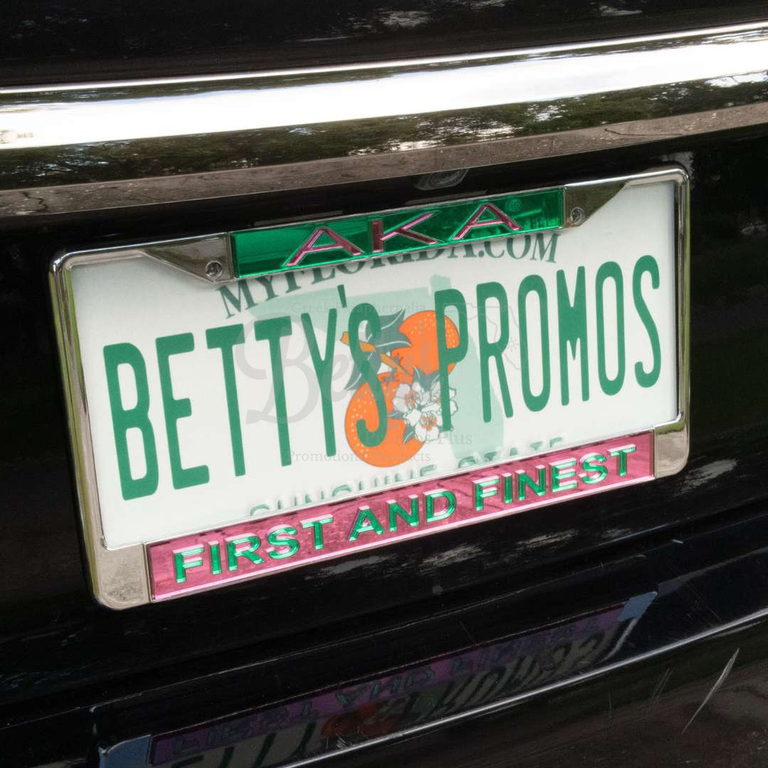 Alpha Kappa Alpha AKA First and Finest Chrome Laser Engraved Mirrored Acrylic Auto Tag License Plate Frame-Betty's Promos Plus Greek Paraphernalia