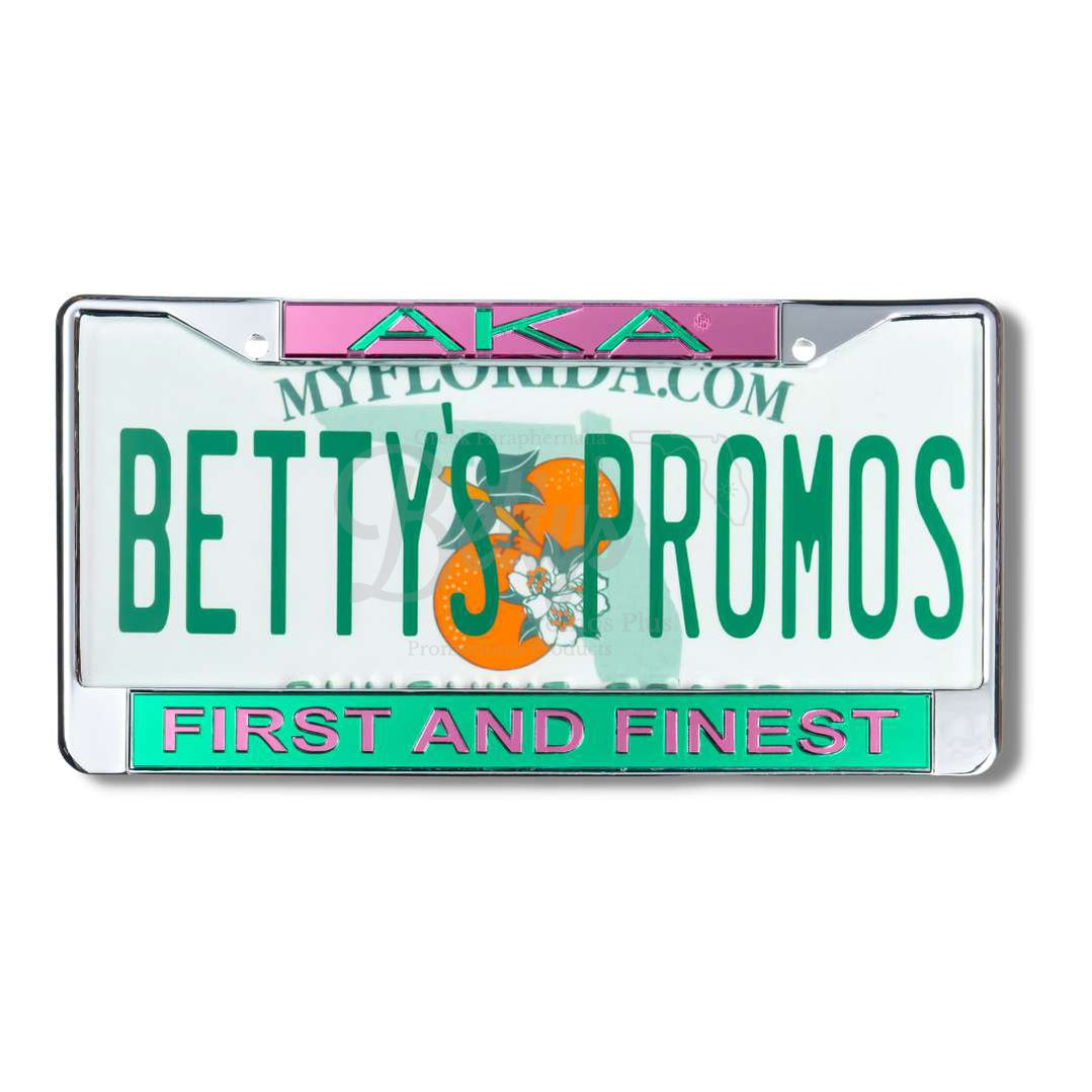 Alpha Kappa Alpha AKA First and Finest Chrome Laser Engraved Mirrored Acrylic Auto Tag License Plate FrameGreen Bottom-Betty's Promos Plus Greek Paraphernalia