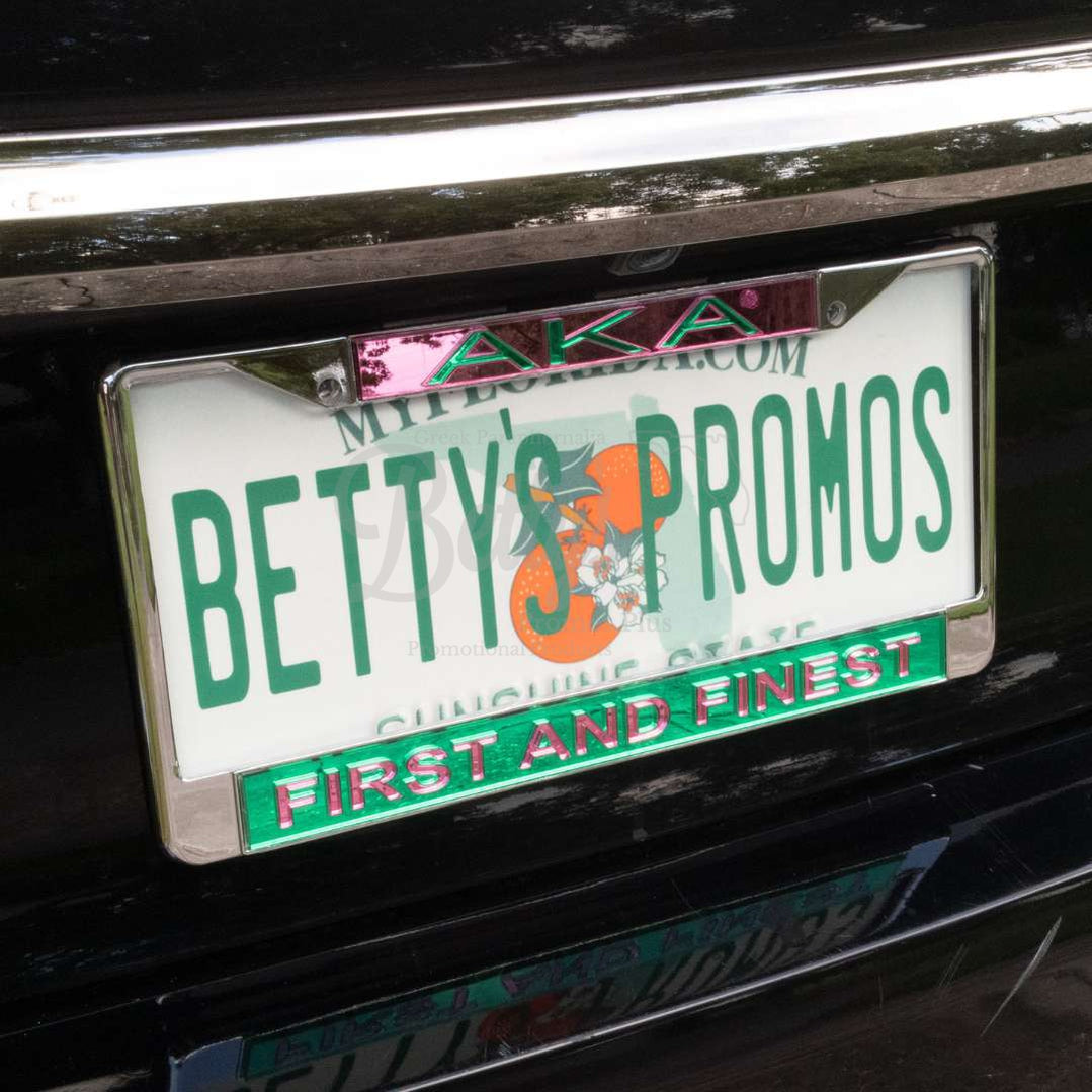 Alpha Kappa Alpha AKA First and Finest Chrome Laser Engraved Mirrored Acrylic Auto Tag License Plate Frame-Betty's Promos Plus Greek Paraphernalia