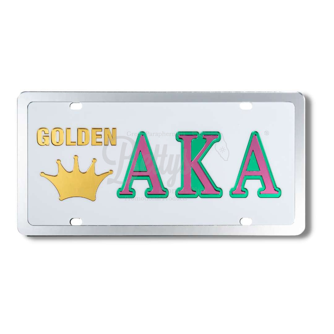 Alpha Kappa Alpha AKA Golden Soror Acrylic Mirrored Laser Engraved Auto TagWhite Background-Silver Trim-Betty's Promos Plus Greek Paraphernalia