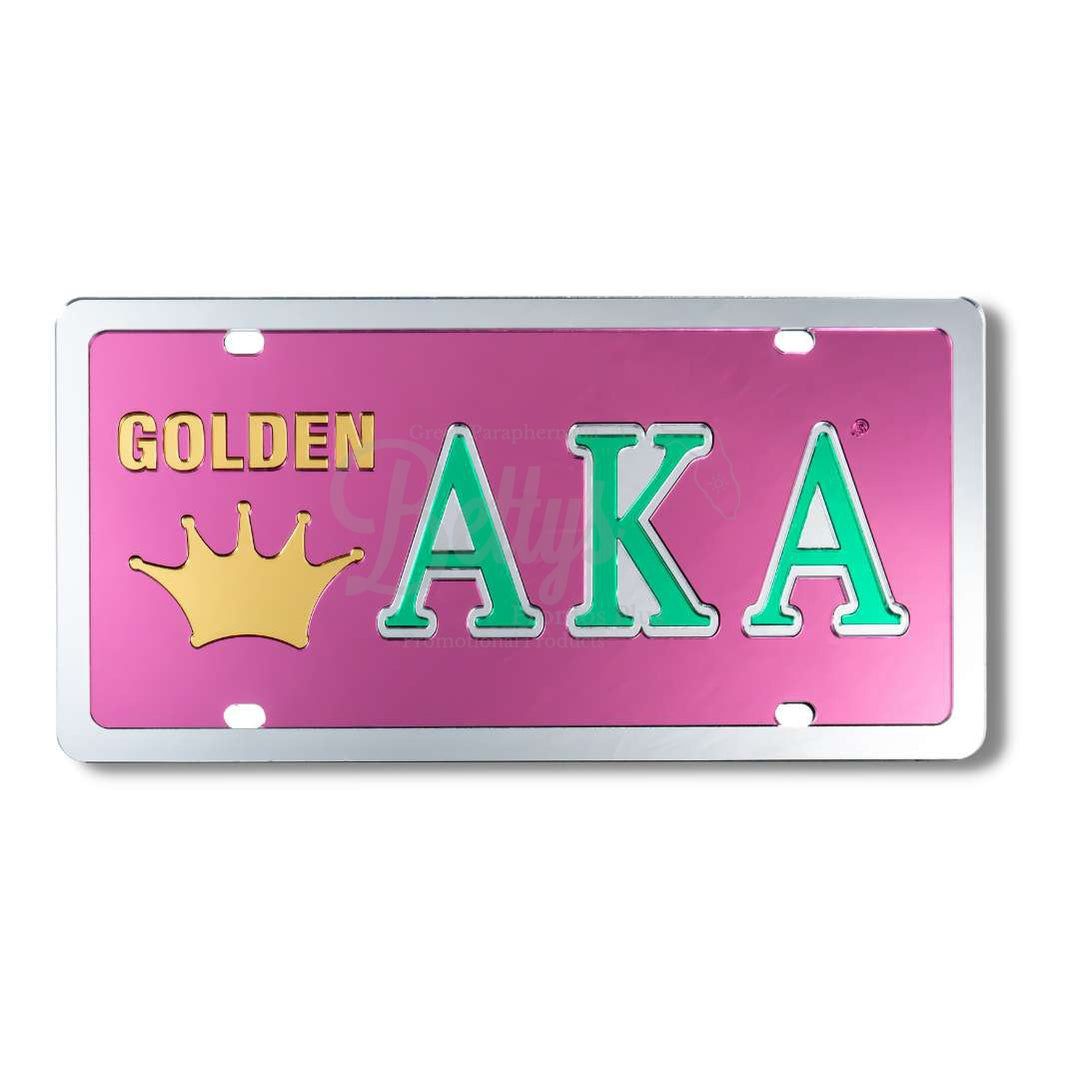 Alpha Kappa Alpha AKA Golden Soror Acrylic Mirrored Laser Engraved Auto TagPink Background-Silver Trim-Betty's Promos Plus Greek Paraphernalia