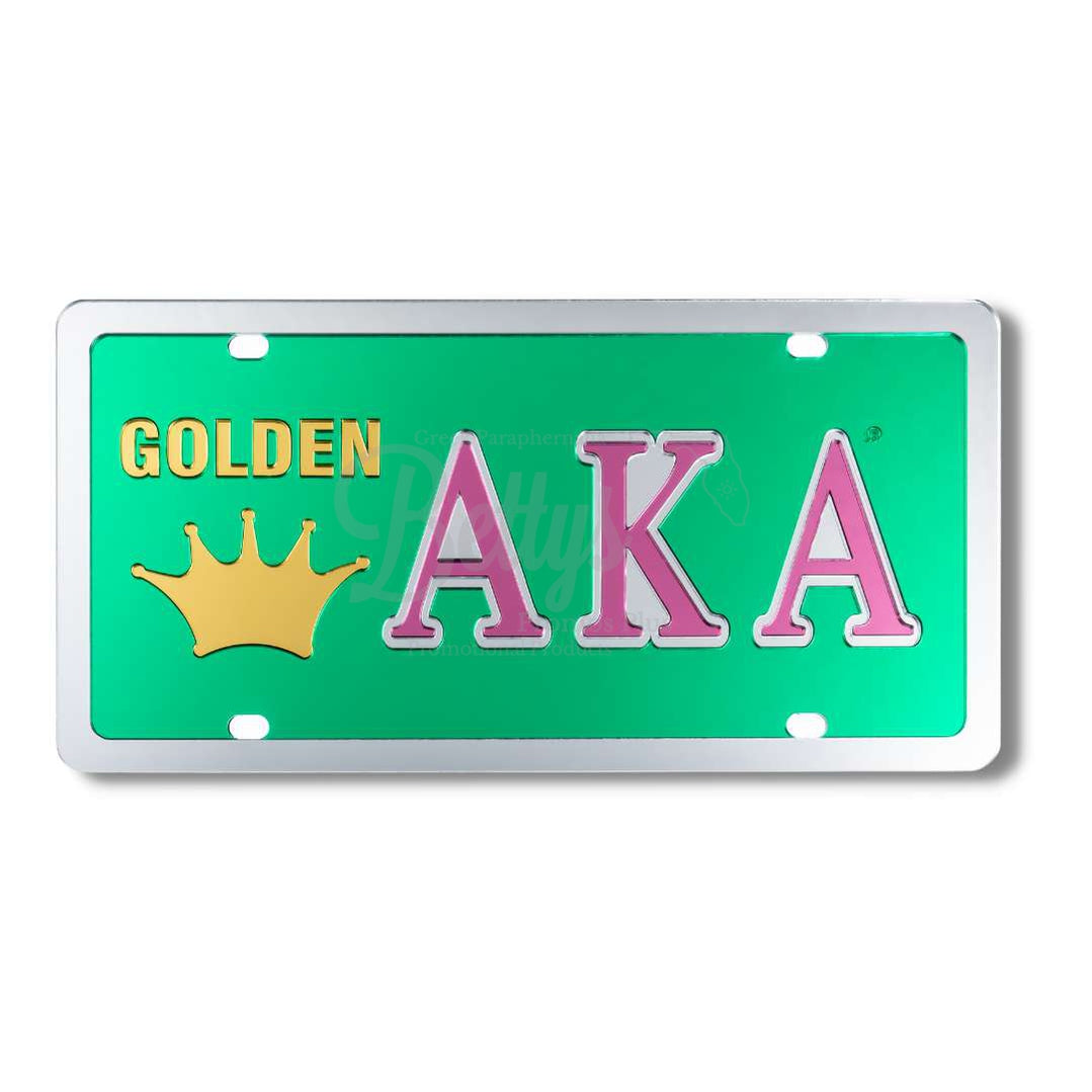 Alpha Kappa Alpha AKA Golden Soror Acrylic Mirrored Laser Engraved Auto TagGreen Background-Silver Trim-Betty's Promos Plus Greek Paraphernalia