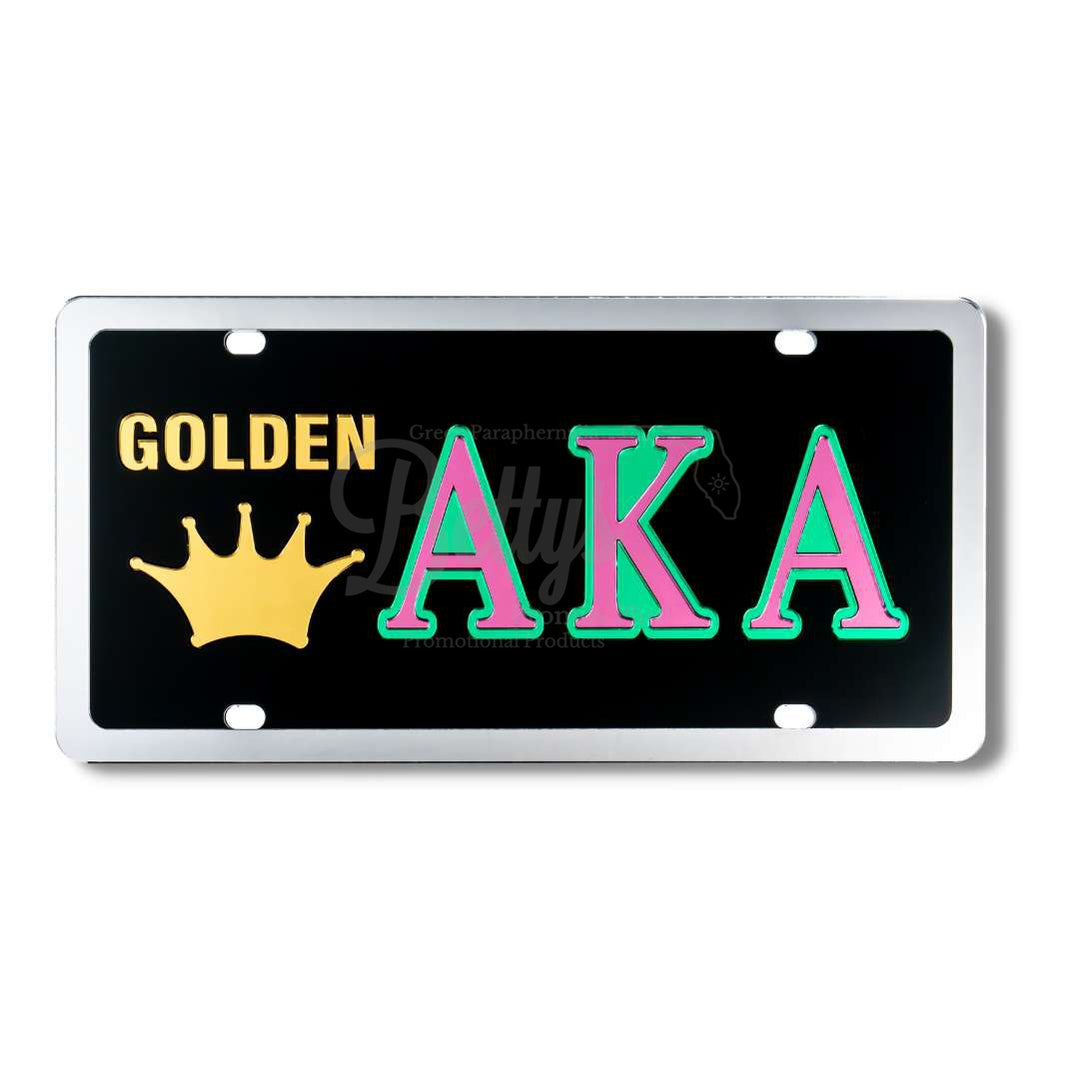 Alpha Kappa Alpha AKA Golden Soror Acrylic Mirrored Laser Engraved Auto TagBlack Background-Silver Trim-Betty's Promos Plus Greek Paraphernalia
