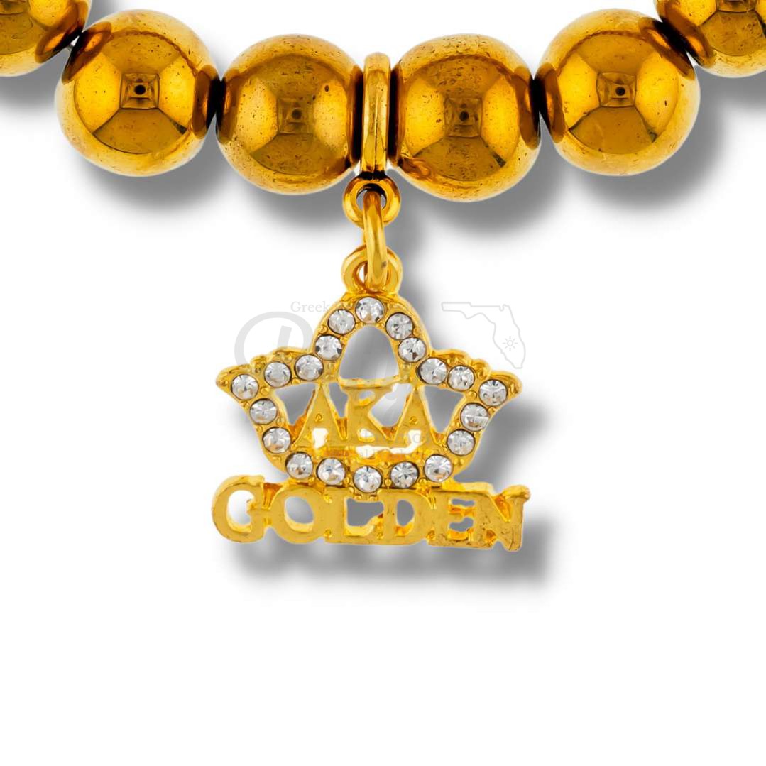 Alpha Kappa Alpha AKA Golden Soror Beaded Bracelet, AKA Bracelet with AKA Golden Soror AKA Ivy CharmGold-Betty's Promos Plus Greek Paraphernalia