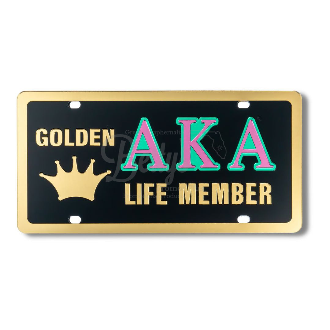 Alpha Kappa Alpha AKA Golden Soror Life Member Acrylic Mirrored Laser Engraved Auto TagBlack Background-Gold Trim-Betty's Promos Plus Greek Paraphernalia