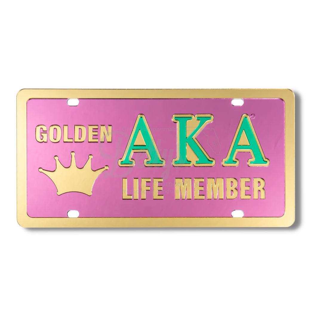 Alpha Kappa Alpha AKA Golden Soror Life Member Acrylic Mirrored Laser Engraved Auto TagPink Background-Gold Trim-Betty's Promos Plus Greek Paraphernalia