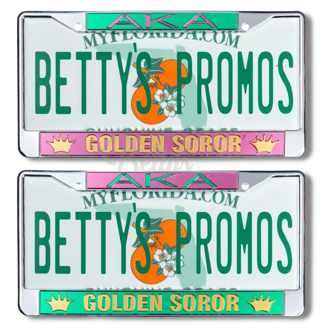 Alpha Kappa Alpha AKA Golden Soror with Crowns Metal Acrylic Mirror Laser Engraved Auto Tag Frame-Betty's Promos Plus Greek Paraphernalia