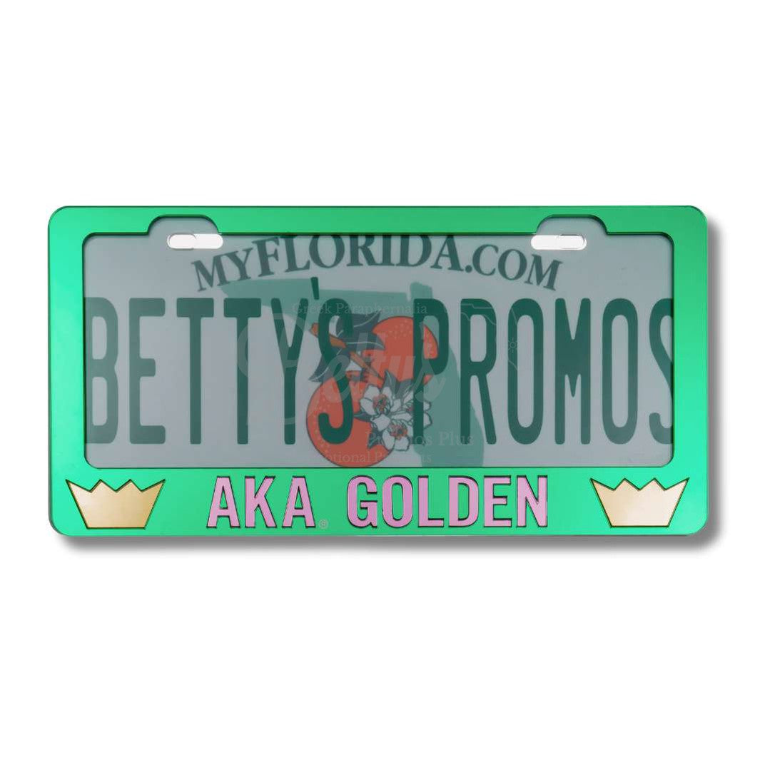 Alpha Kappa Alpha AKA Golden with Crowns Acrylic Mirror Laser Engraved Auto Tag FrameGreen-Pink Letters-Betty's Promos Plus Greek Paraphernalia