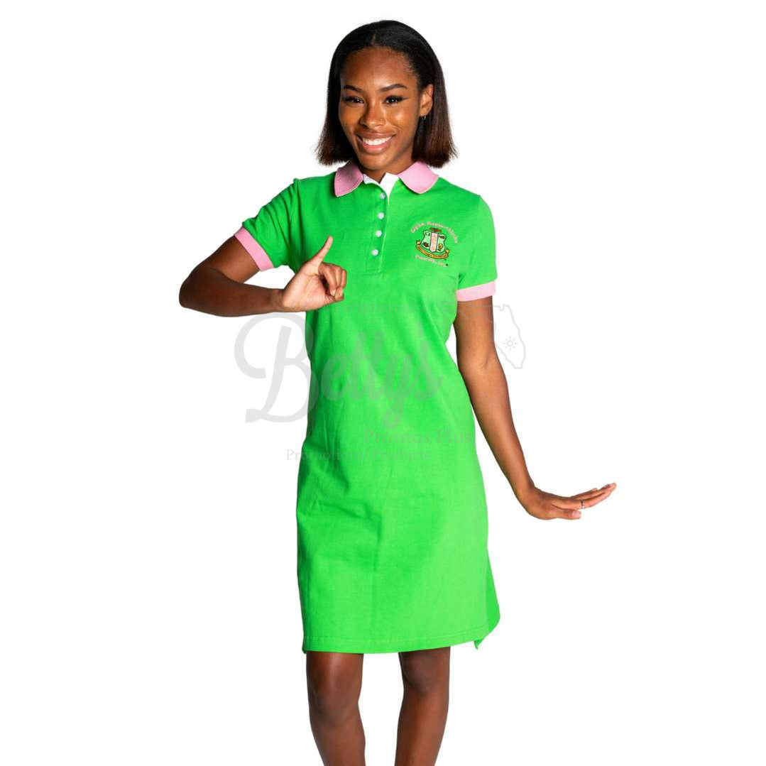 Alpha Kappa Alpha AKA Ivy Embroidered Polo Dress with Contrast Collar and Sleeves-Betty's Promos Plus Greek Paraphernalia