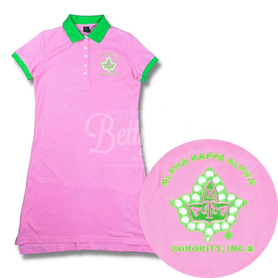 Alpha Kappa Alpha AKA Ivy Embroidered Polo Dress with Contrast Collar and SleevesPink-X-Small-Betty's Promos Plus Greek Paraphernalia