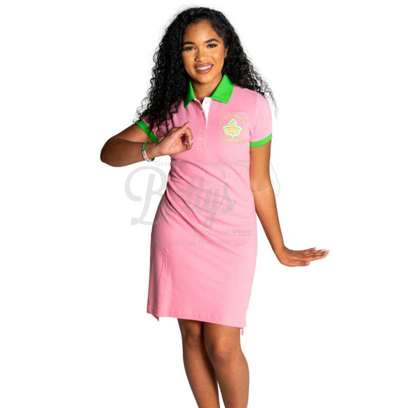 Alpha Kappa Alpha AKA Ivy Embroidered Polo Dress with Contrast Collar and Sleeves-Betty's Promos Plus Greek Paraphernalia