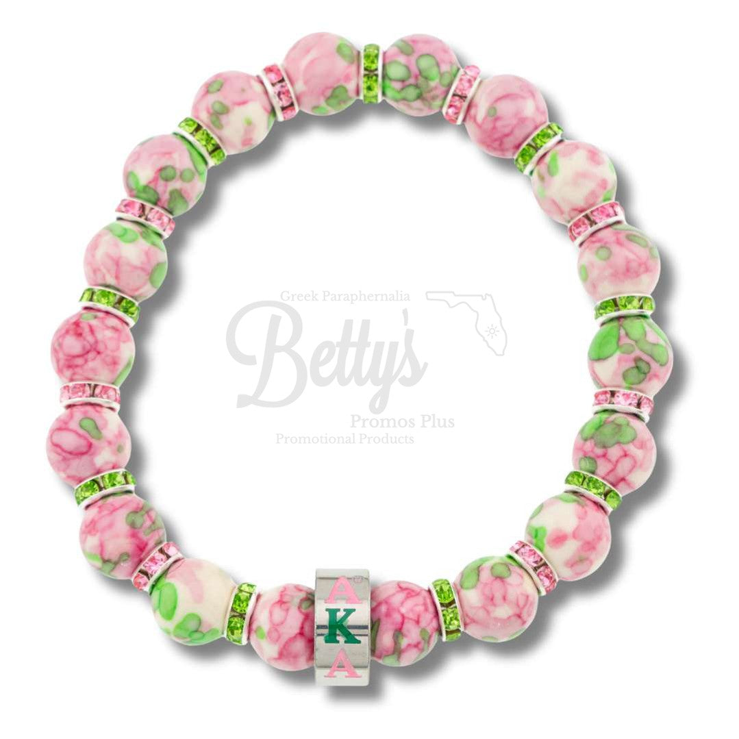 Alpha Kappa Alpha AKA Jade Beaded Bracelet with Rhinestone SpacersPink & Green-Betty's Promos Plus Greek Paraphernalia