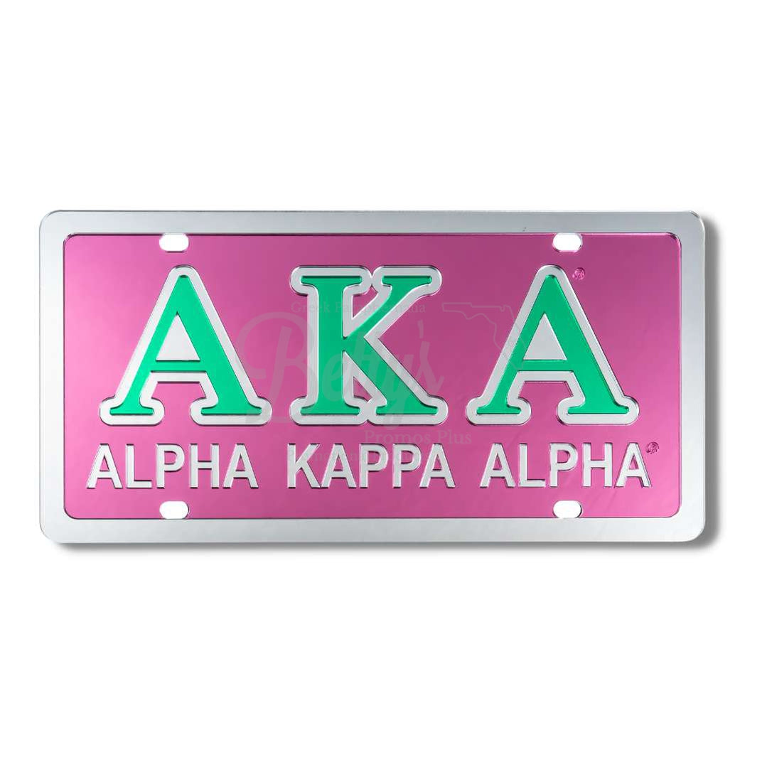 Alpha Kappa Alpha AKA Laser Engraved Mirrored Acrylic Auto Tag License PlatePink Background-Silver Trim-Silver Letter Trim-Betty's Promos Plus Greek Paraphernalia