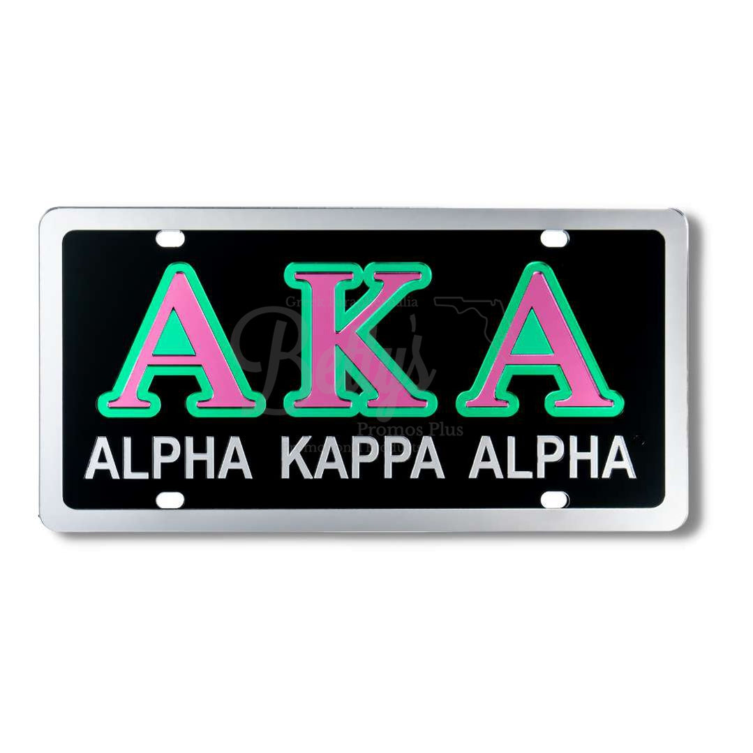 Alpha Kappa Alpha AKA Laser Engraved Mirrored Acrylic Auto Tag License PlateBlack Background-Silver Trim-Green Letter Trim-Betty's Promos Plus Greek Paraphernalia