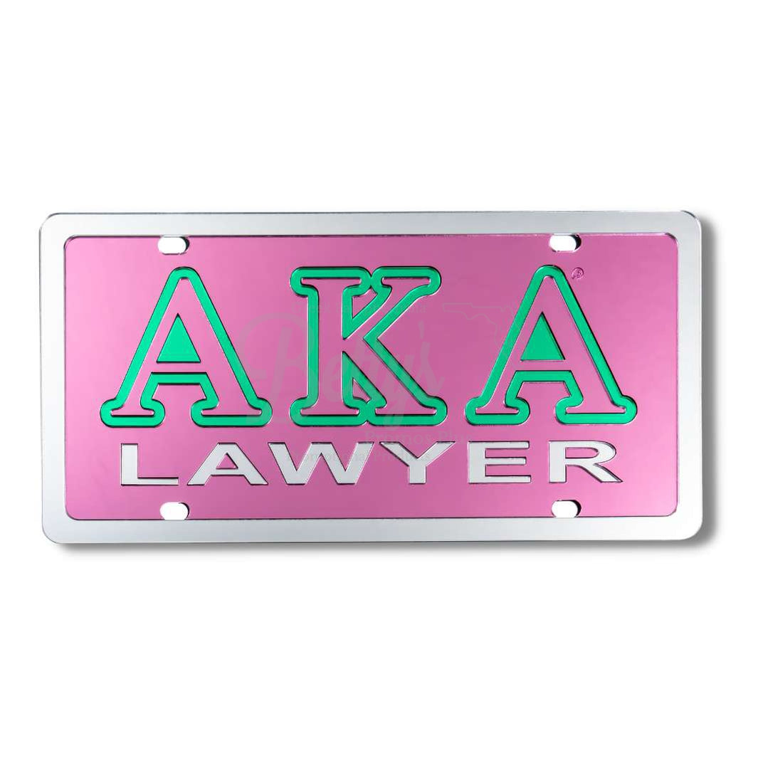 Alpha Kappa Alpha AKA Lawyer Acrylic Mirrored Laser Engraved Auto TagPink Background-Silver Trim-Betty's Promos Plus Greek Paraphernalia
