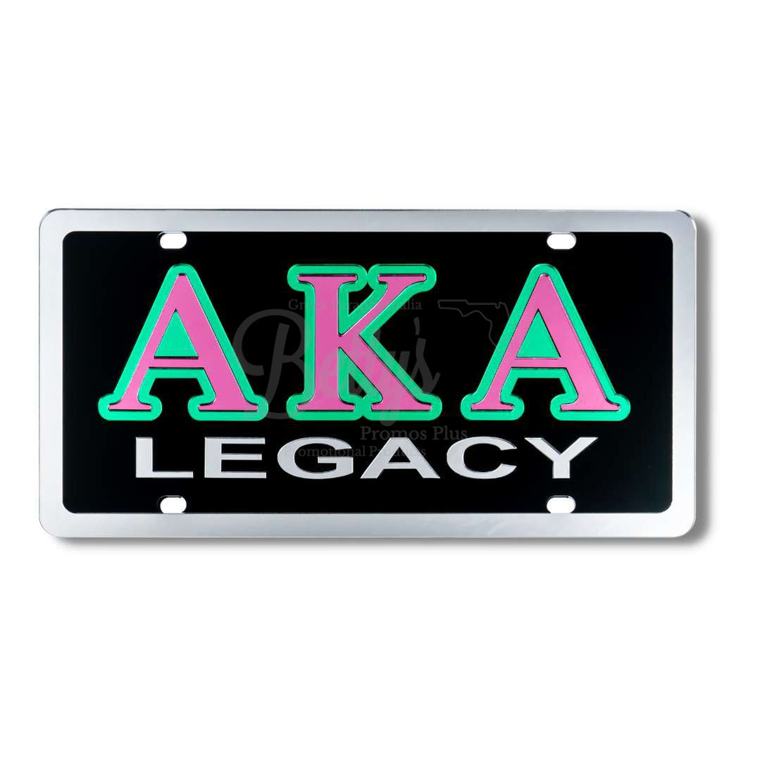 Alpha Kappa Alpha AKA Legacy Laser Engraved Mirrored Acrylic Auto Tag License PlateBlack Background-Betty's Promos Plus Greek Paraphernalia