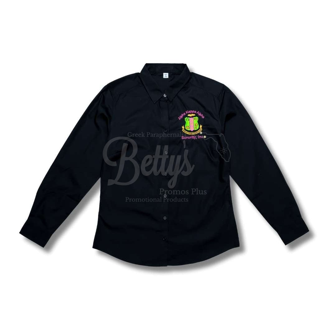 Alpha Kappa Alpha AKA Long Sleeve Button-Up Poplin Shirt with Embroidered ShieldBlack-X-Small-Betty's Promos Plus Greek Paraphernalia