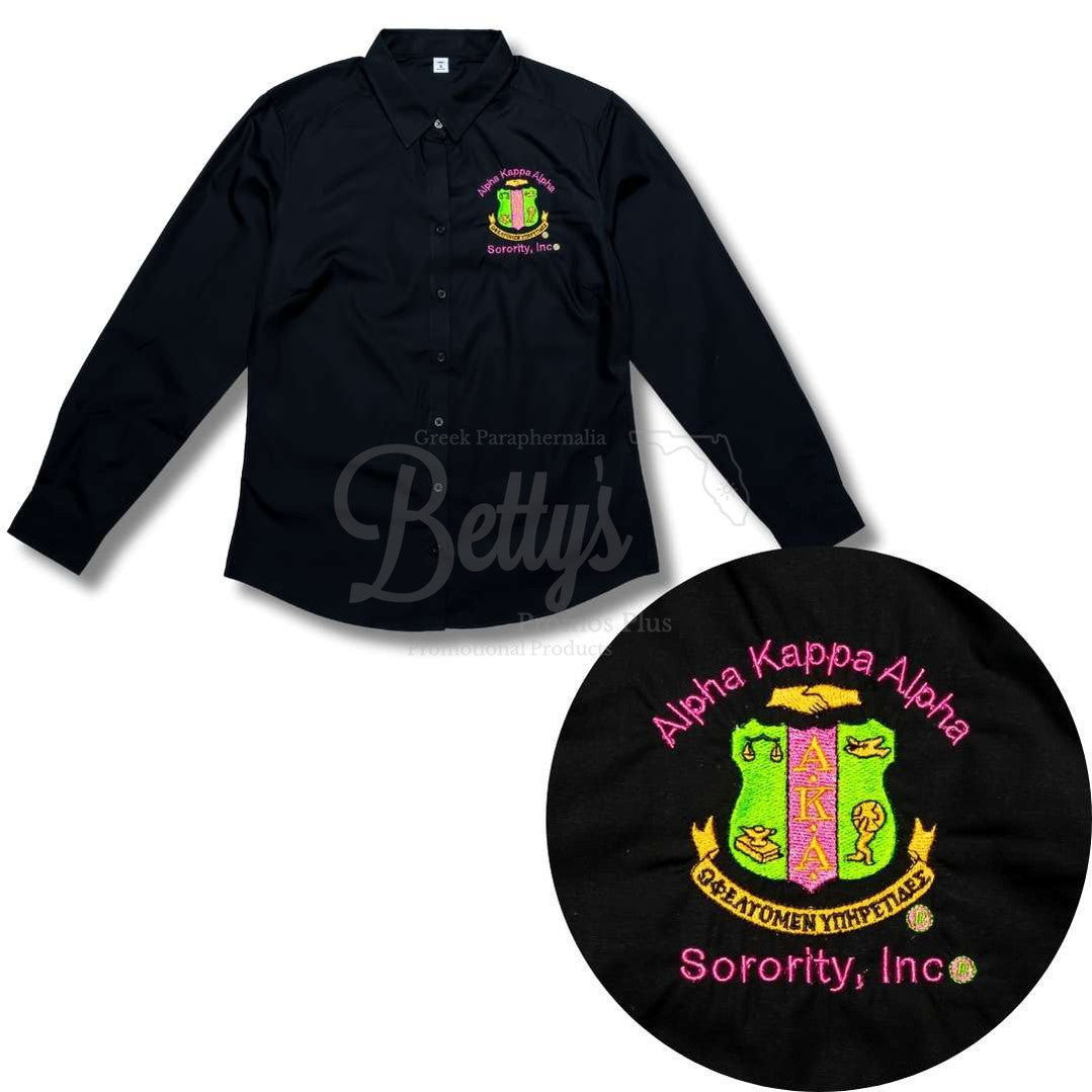 Alpha Kappa Alpha AKA Long Sleeve Button-Up Poplin Shirt with Embroidered Shield-Betty's Promos Plus Greek Paraphernalia