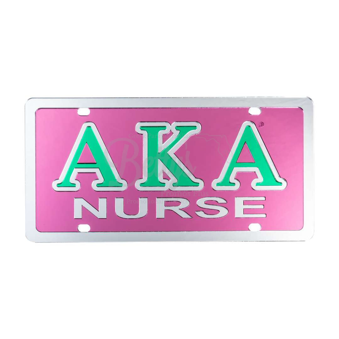 Alpha Kappa Alpha AKA Nurse Acrylic Mirrored Laser Engraved Auto TagPink Background-Silver Trim-Betty's Promos Plus Greek Paraphernalia