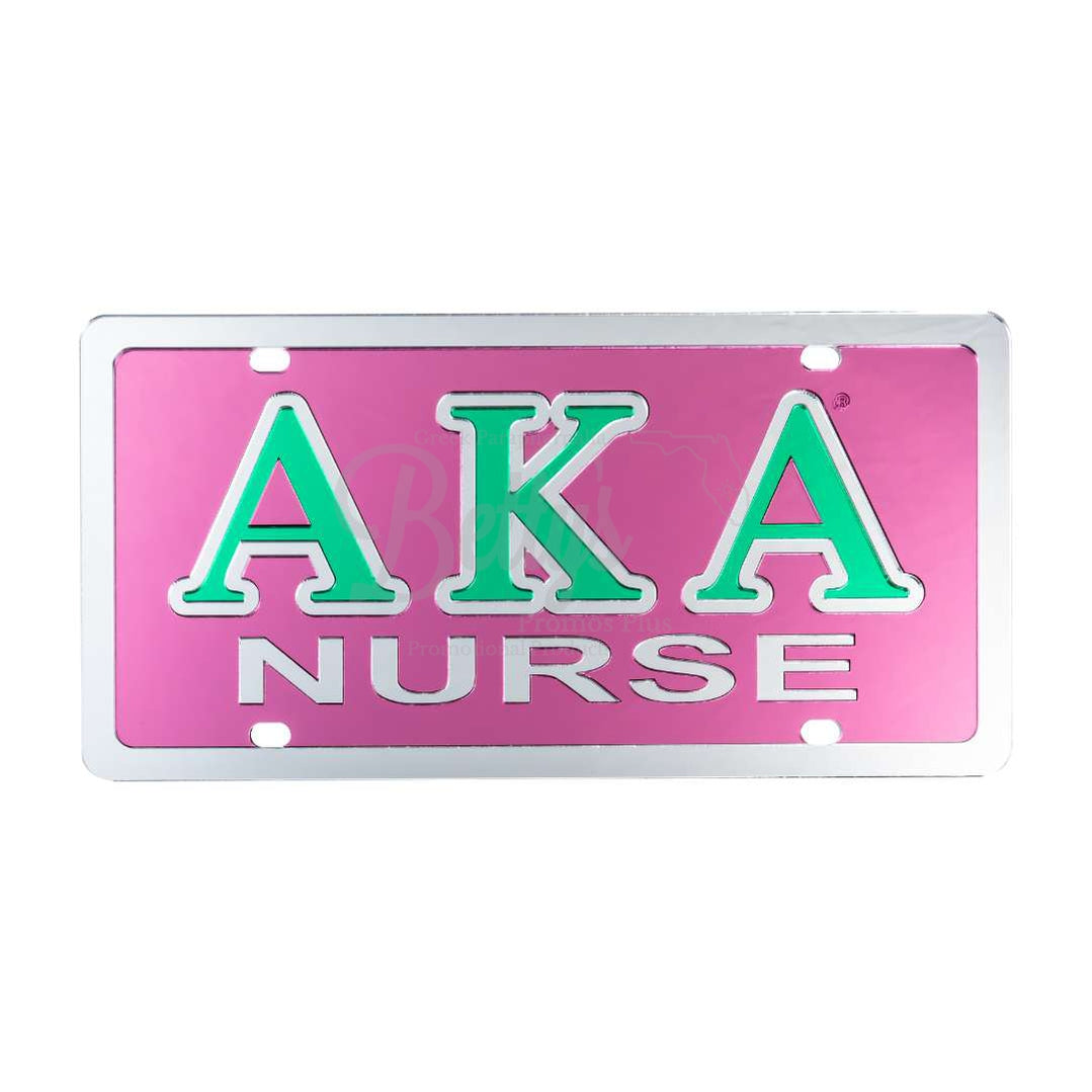 Alpha Kappa Alpha AKA Nurse Laser Engraved Mirrored Acrylic Auto Tag License PlatePink Background-Silver Trim-Betty's Promos Plus Greek Paraphernalia