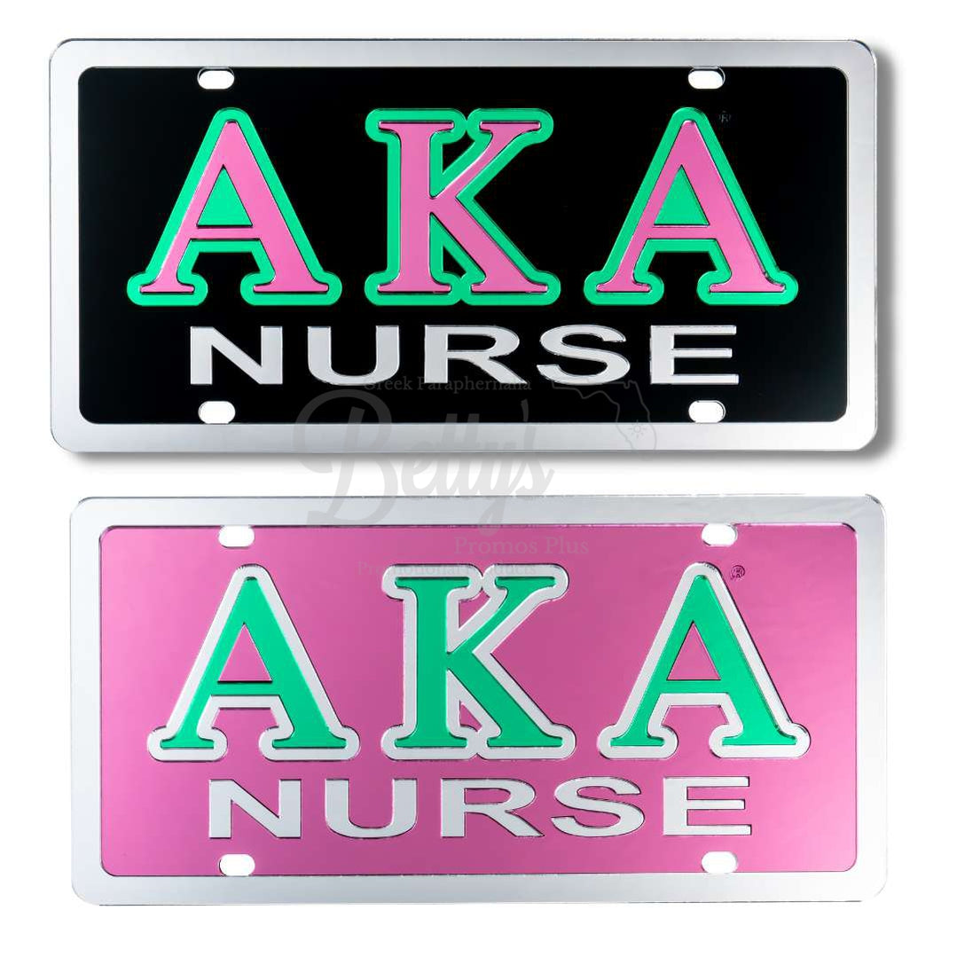 Alpha Kappa Alpha AKA Nurse Laser Engraved Mirrored Acrylic Auto Tag License Plate-Betty's Promos Plus Greek Paraphernalia