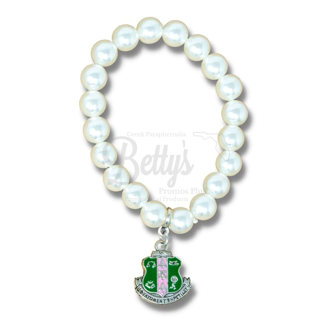 Alpha Kappa Alpha AKA Pearl Bracelet with Shield CharmWhite-Silver Clasp-Betty's Promos Plus Greek Paraphernalia