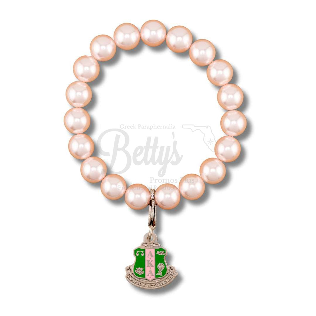 Alpha Kappa Alpha AKA Pearl Bracelet with Shield CharmPink-Silver Clasp-Betty's Promos Plus Greek Paraphernalia
