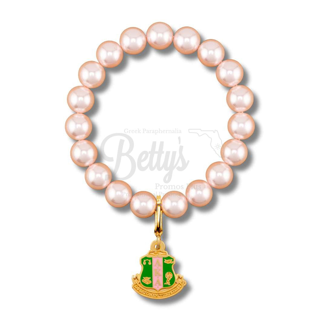 Alpha Kappa Alpha AKA Pearl Bracelet with Shield CharmPink-Gold Clasp-Betty's Promos Plus Greek Paraphernalia