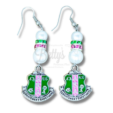 Alpha Kappa Alpha AKA Pearl Earrings with Shield CharmWhite-Betty's Promos Plus Greek Paraphernalia