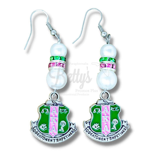 Alpha Kappa Alpha AKA Pearl Earrings with Shield CharmWhite-Betty's Promos Plus Greek Paraphernalia