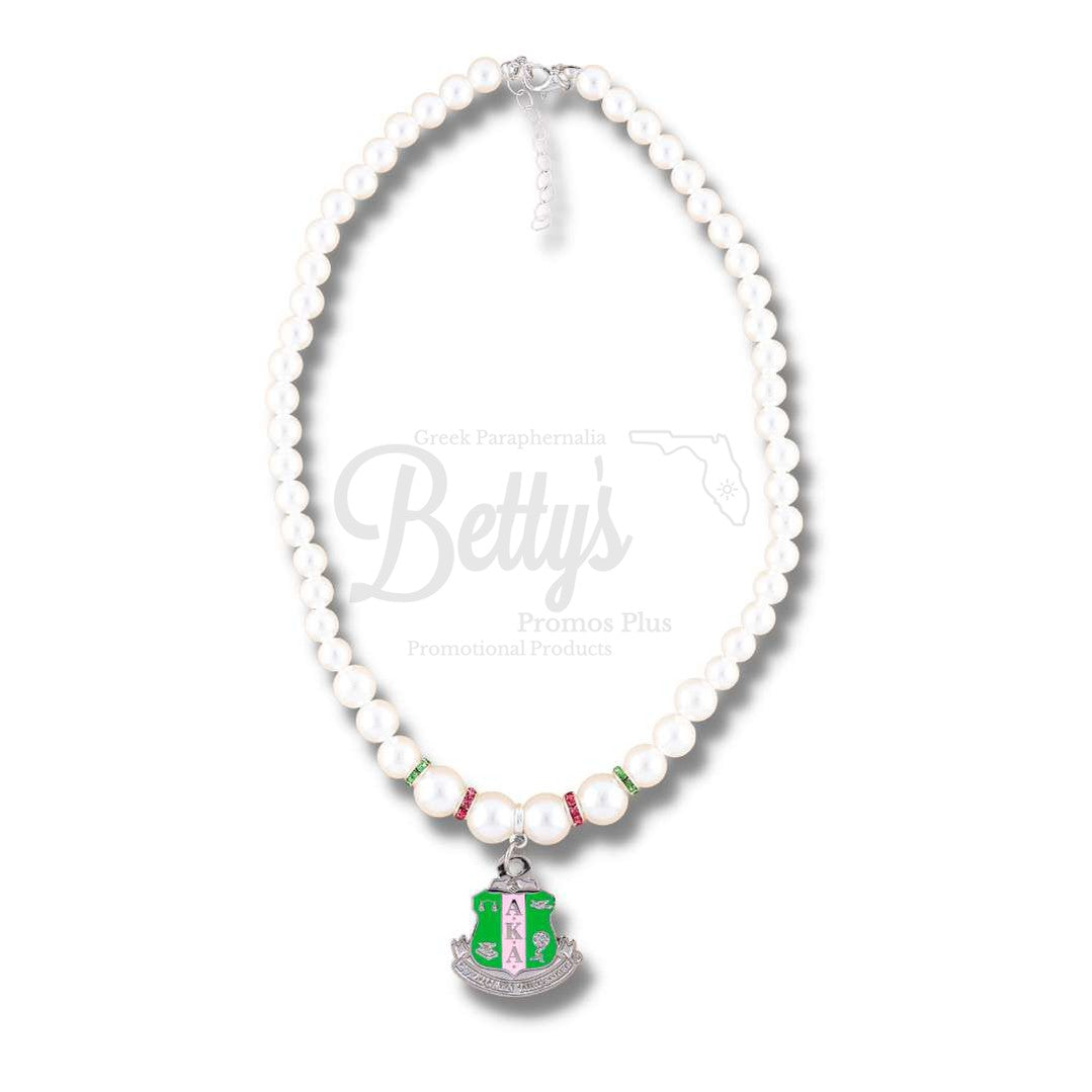 Alpha Kappa Alpha AKA Pearl & Shield Necklace, AKA NecklaceWhite-Betty's Promos Plus Greek Paraphernalia