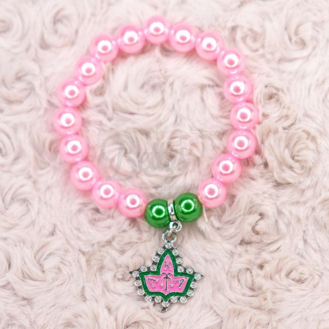 Alpha Kappa Alpha AKA Pink & Green Pearl Bracelet with Ivy Crest CharmPink-Betty's Promos Plus Greek Paraphernalia