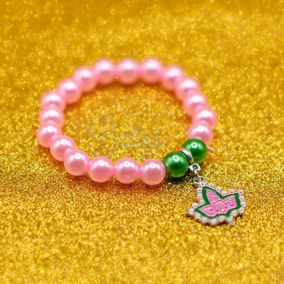 Alpha Kappa Alpha AKA Pink & Green Pearl Bracelet with Ivy Crest CharmPink-Betty's Promos Plus Greek Paraphernalia