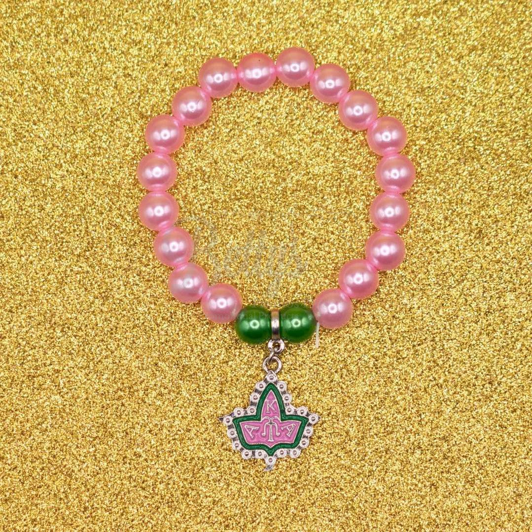 Alpha Kappa Alpha AKA Pink & Green Pearl Bracelet with Ivy Crest CharmPink-Betty's Promos Plus Greek Paraphernalia