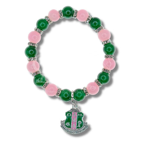 Alpha Kappa Alpha AKA Pink and Green Beaded Bracelet with Shield CharmPink-Betty's Promos Plus Greek Paraphernalia