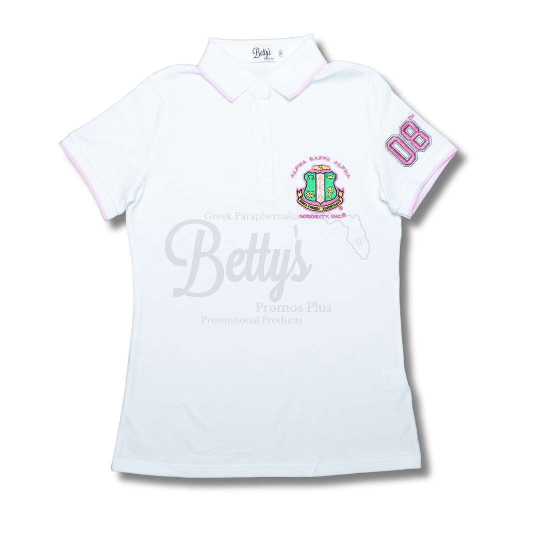 Alpha Kappa Alpha AKA Polo Shirt Embroidered with Shield and 08 SleeveWhite-Relaxed Fit-X-Small-Betty's Promos Plus Greek Paraphernalia