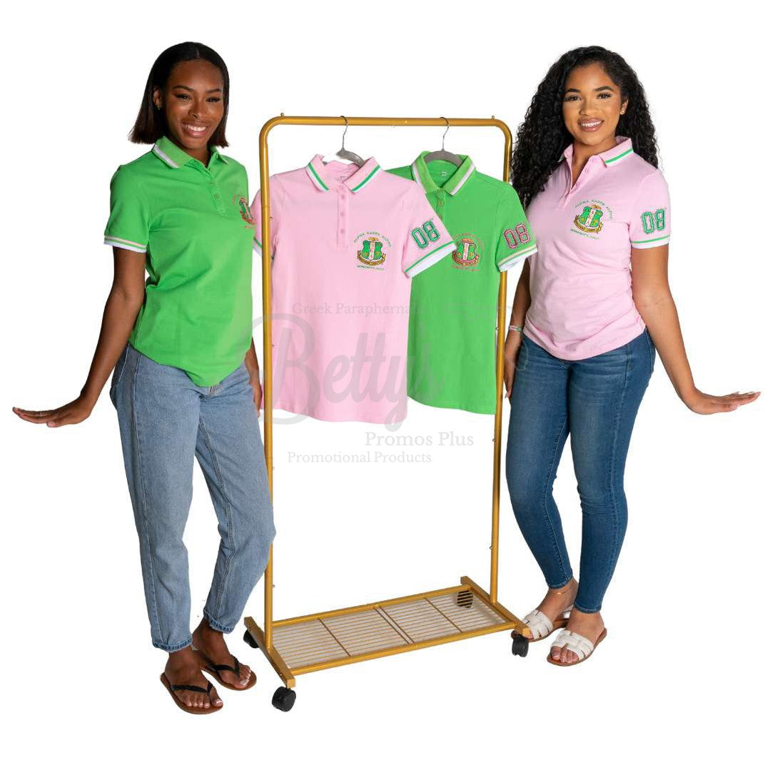 Alpha Kappa Alpha AKA Polo Shirt Embroidered with Shield and 08 Sleeve-Betty's Promos Plus Greek Paraphernalia