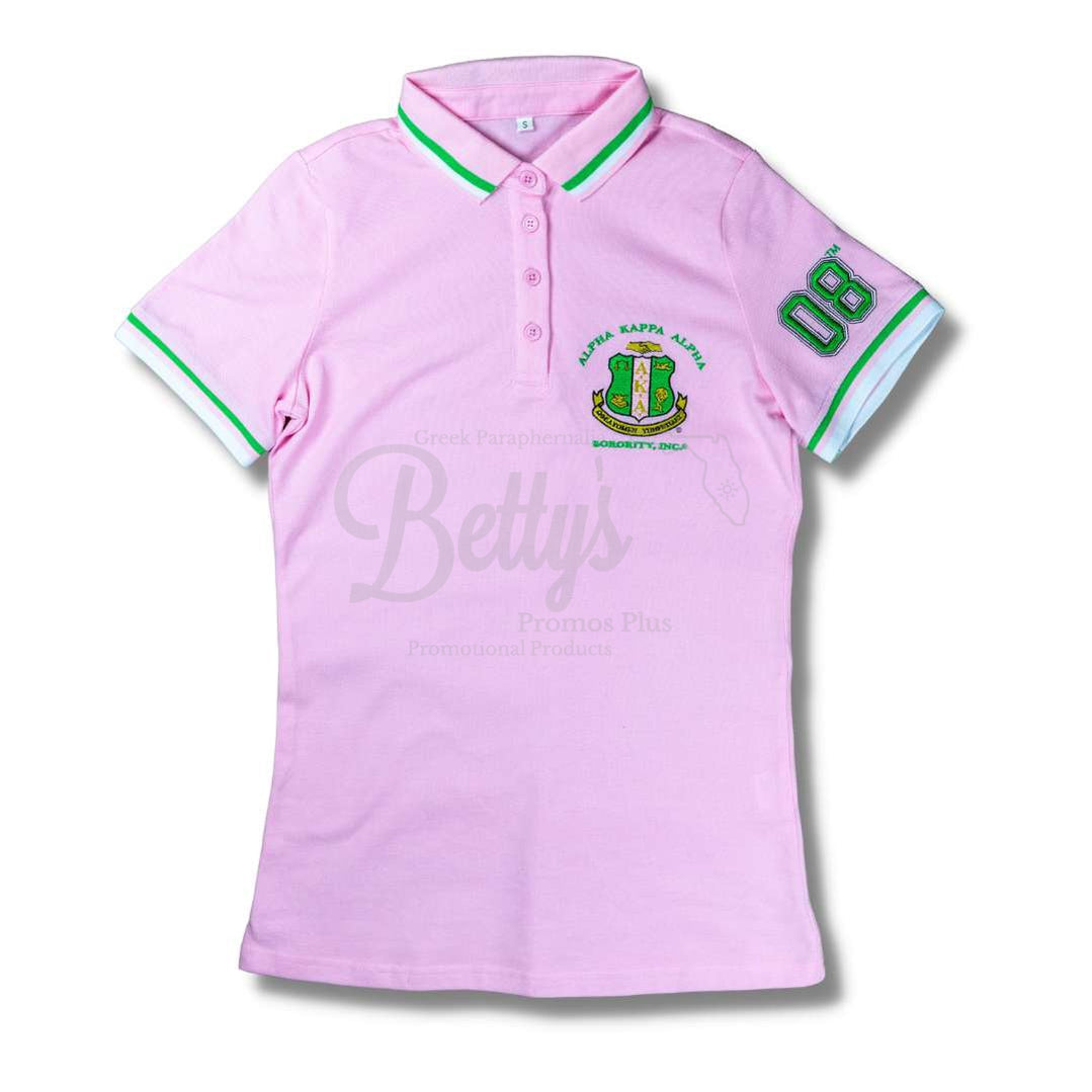 Alpha Kappa Alpha AKA Polo Shirt Embroidered with Shield and 08 SleevePink-Standard Fit-X-Small-Betty's Promos Plus Greek Paraphernalia