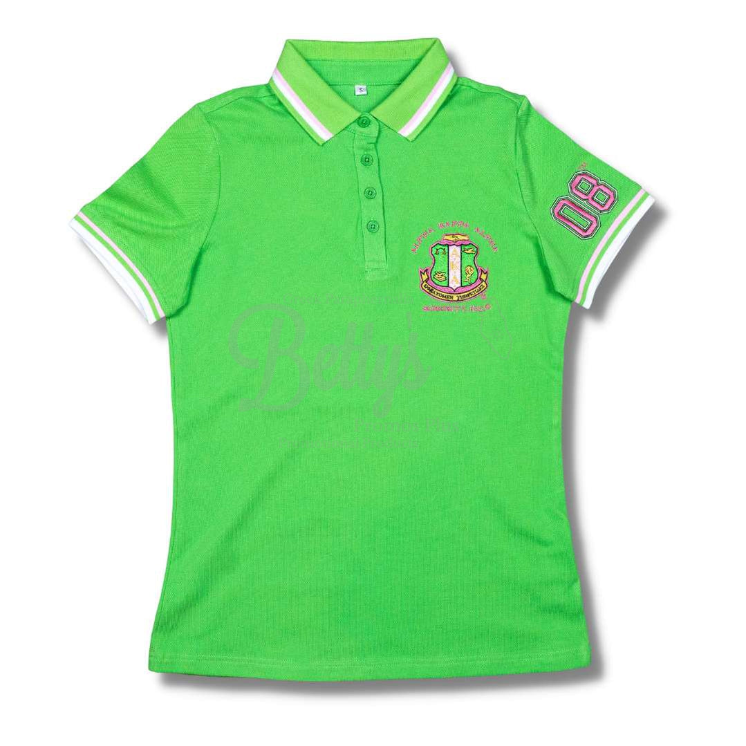 Alpha Kappa Alpha AKA Polo Shirt Embroidered with Shield and 08 SleeveGreen-Relaxed Fit-X-Small-Betty's Promos Plus Greek Paraphernalia