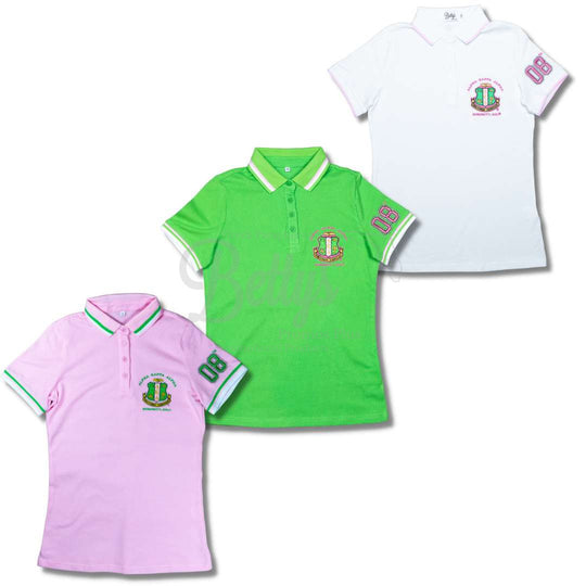 Alpha Kappa Alpha AKA Polo Shirt Embroidered with Shield and 08 Sleeve-Betty's Promos Plus Greek Paraphernalia