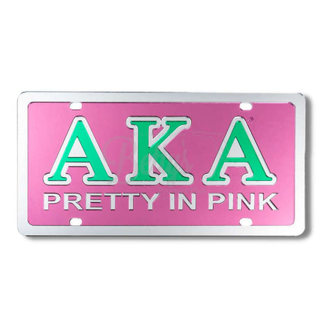 Alpha Kappa Alpha AKA Pretty In Pink Acrylic Mirrored Laser Engraved Auto TagPink Background-Silver Trim-Betty's Promos Plus Greek Paraphernalia