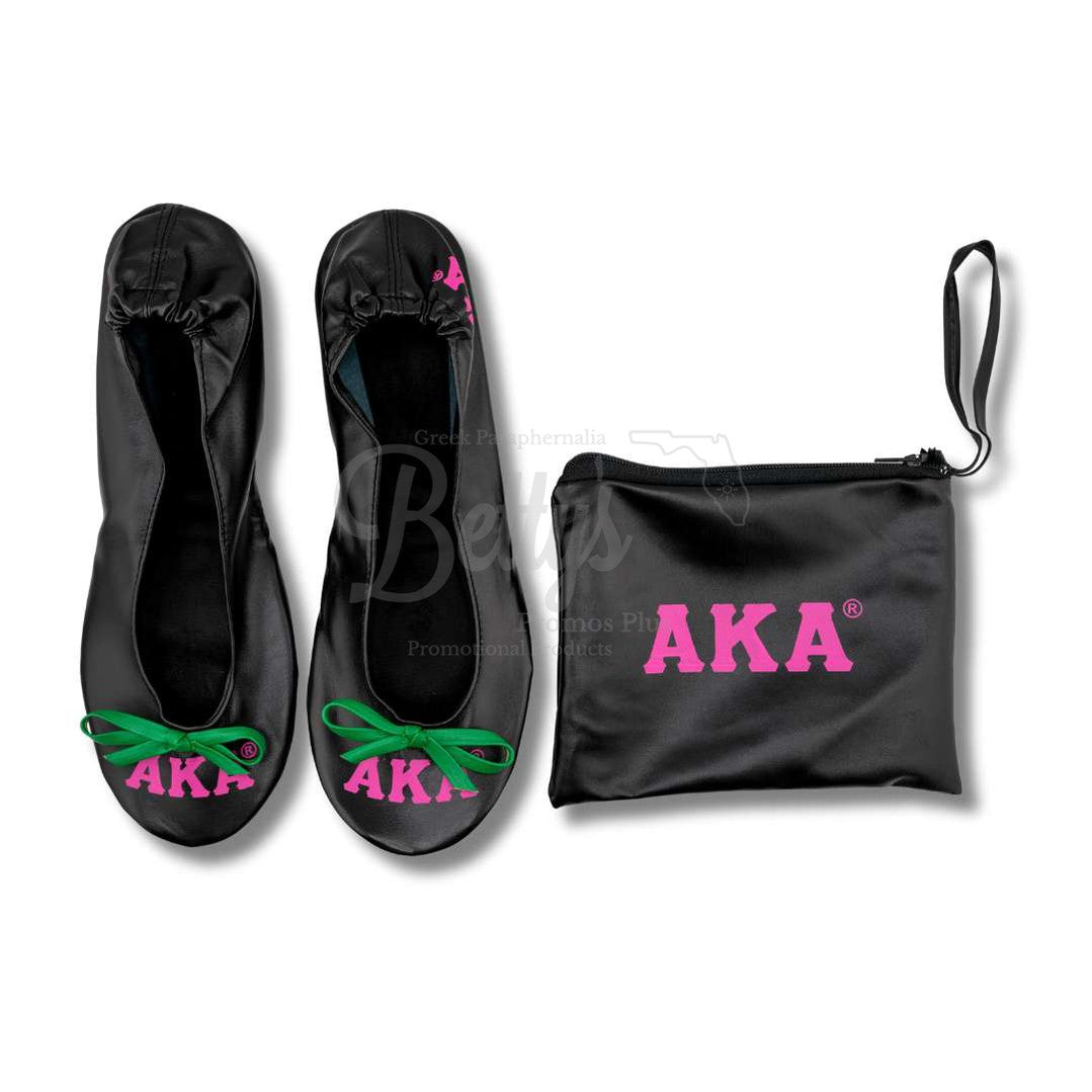 Alpha Kappa Alpha AKA Printed Foldable Ballet Flats with Carrying CaseBlack-X-Small US 5.5-Betty's Promos Plus Greek Paraphernalia