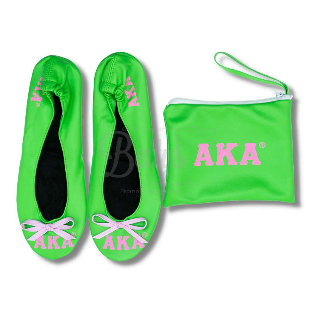 Alpha Kappa Alpha AKA Printed Foldable Ballet Flats with Carrying CaseGreen-X-Small US 5.5-Betty's Promos Plus Greek Paraphernalia