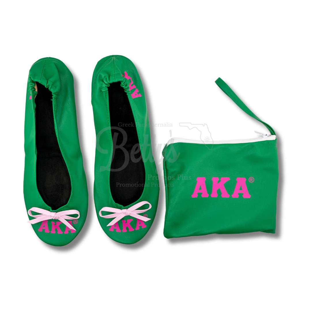 Alpha Kappa Alpha AKA Printed Foldable Ballet Flats with Carrying CaseDark Green-X-Small US 5.5-Betty's Promos Plus Greek Paraphernalia