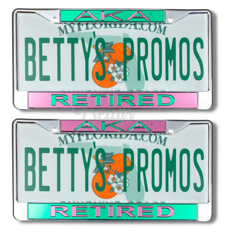 Alpha Kappa Alpha AKA Retired Metal Acrylic Mirror Laser Engraved Auto Tag Frame-Betty's Promos Plus Greek Paraphernalia